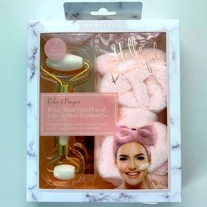 White Dual-Sided Facial Roller & Plush Headband Set